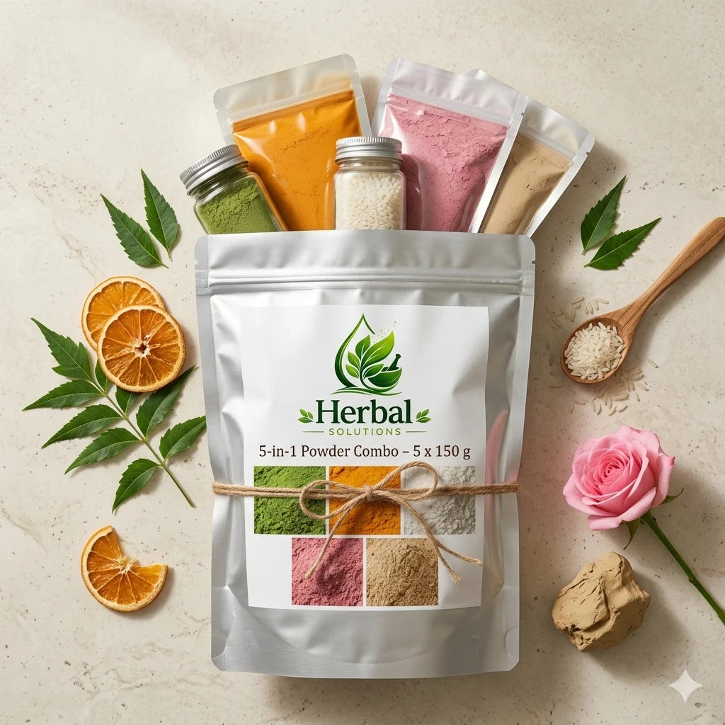 Ultimate 5-in-1 Powder Combo – Neem, Orange, Rice, Rose & Multani Mitti (5 x 150 g)